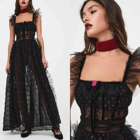 For Love & Lemons Janelle Black Maxi Dress with Pink Accents - Picture 2 of 11